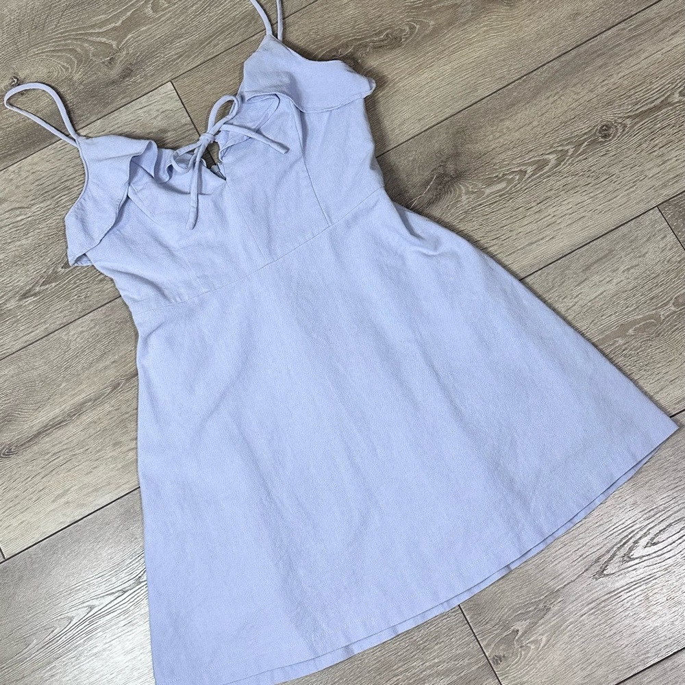 The Impeccable Pig Periwinkle Tie Front Linen Blend Mini Dress - Picture 4 of 11